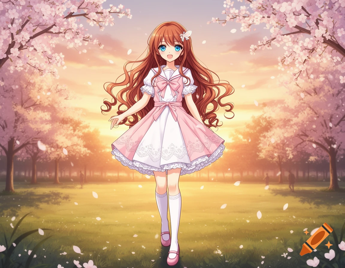 Smiling anime girl with long brown hair in a pink dress, standing in a field under blooming cherry blossom trees at sunset.