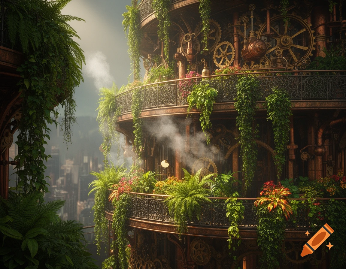 A detailed steampunk building with balconies, gears, pipes, and abundant green plants and flowers, overlooking a hazy city.