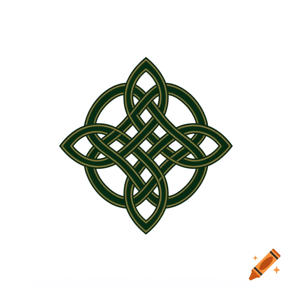A dark green and gold Celtic knot symbol on a white background.