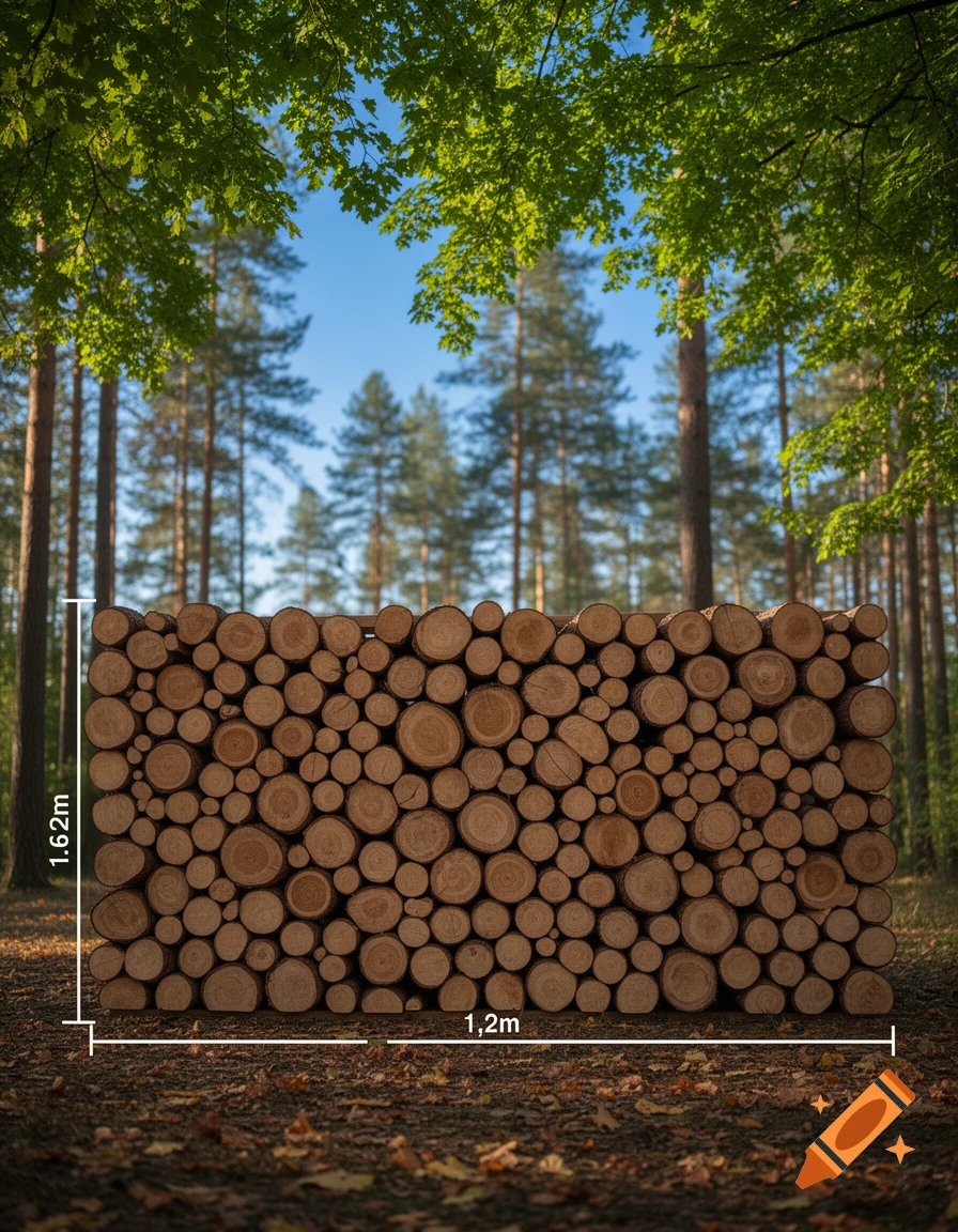 A large stack of cut logs of varying sizes in a forest, with white measurement lines indicating a height of 1.62m and a width of 1.2m. Sunlight filters through green leaves above.