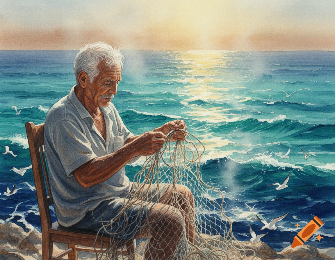 An elderly man with white hair sits on a chair by the sea, mending a fishing net at sunset, in a gouache painting style.