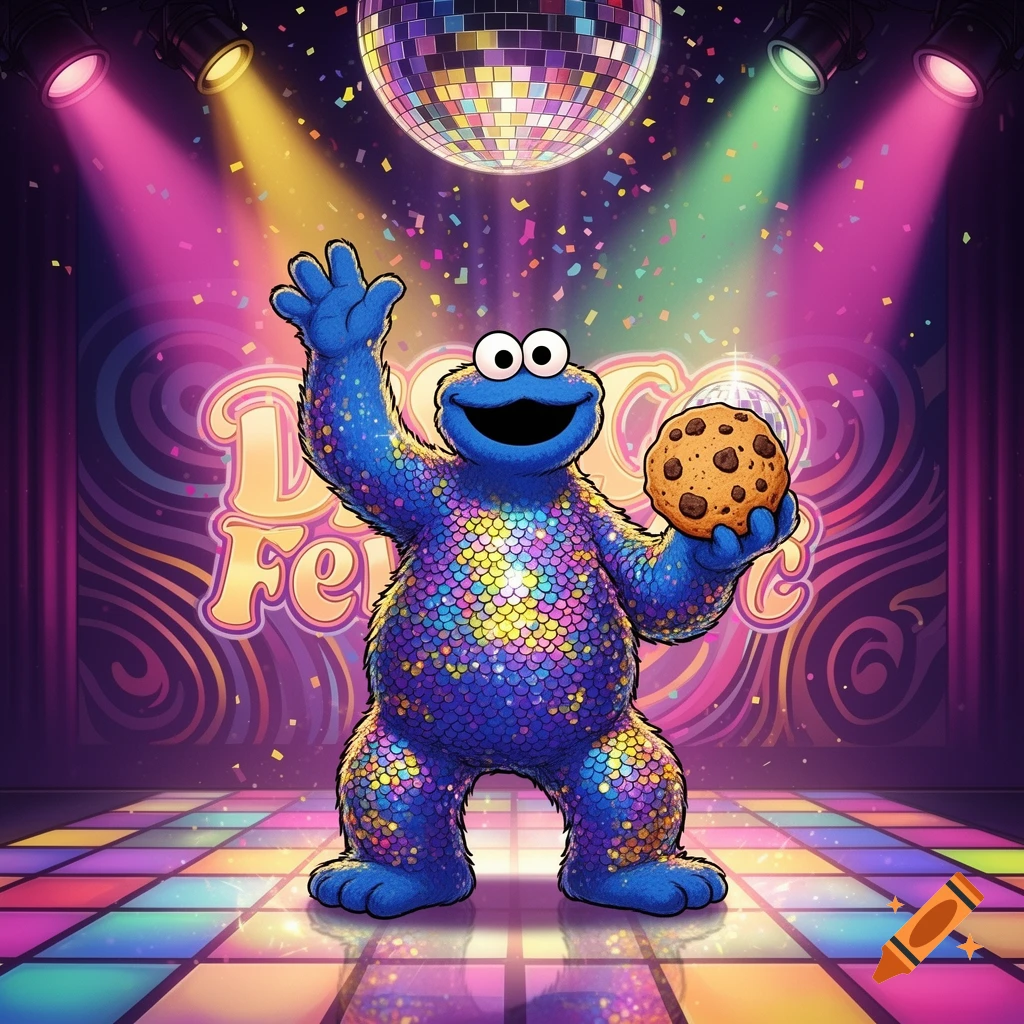 Cookie Monster in a colorful sequined disco outfit holding a cookie on a dance floor under a disco ball.
