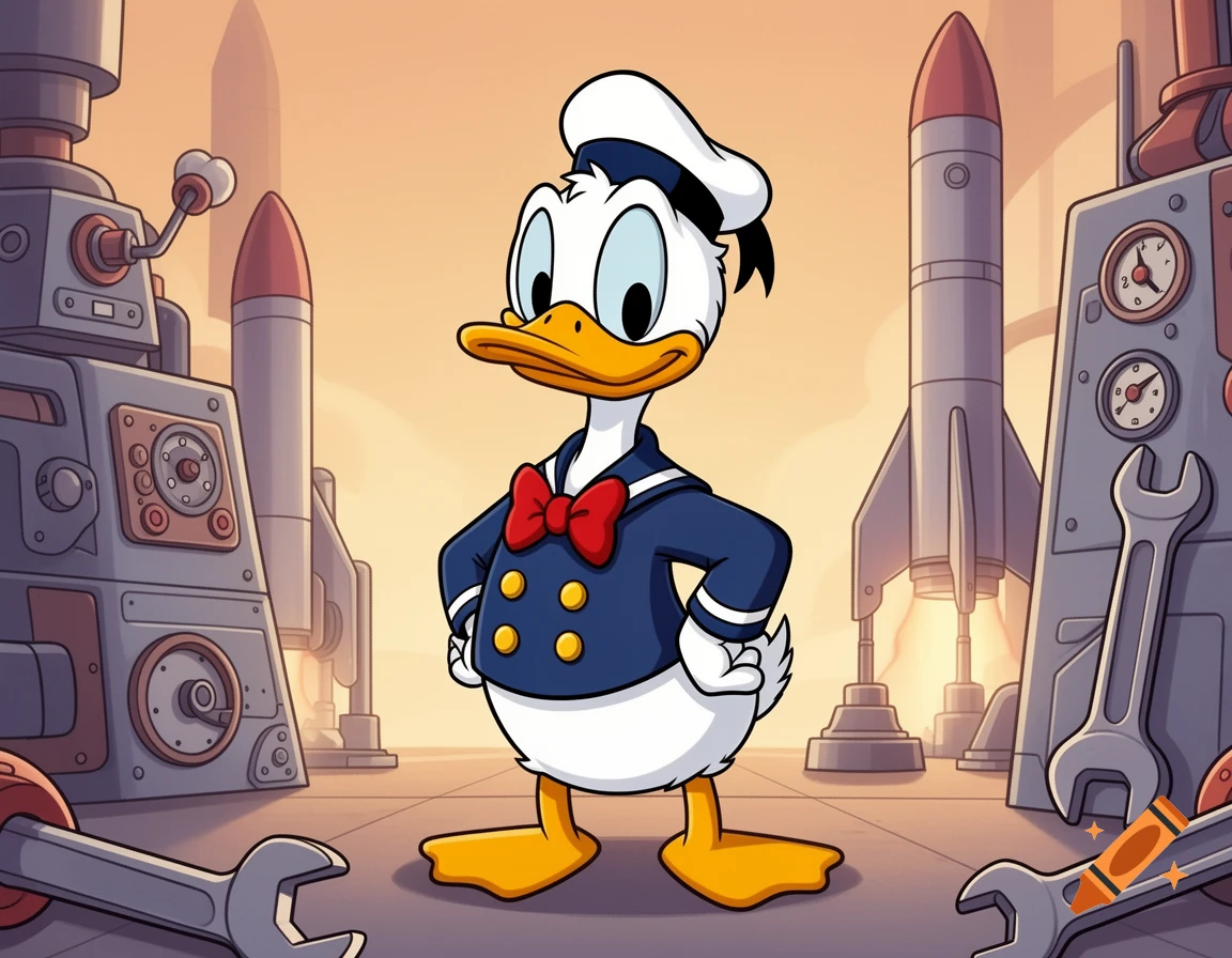 Donald Duck stands confidently amidst rockets and futuristic machinery, holding his hands behind his back in a cartoon style.
