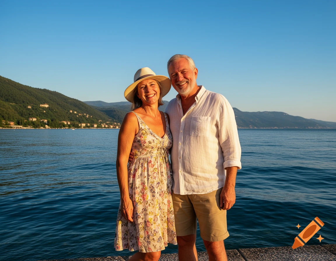 A smiling older couple stands by a large body of water with mountains in the background under a clear blue sky.