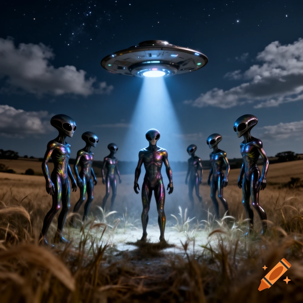 A group of iridescent aliens stand in a moonlit field at night, illuminated by a bright beam from a hovering UFO.