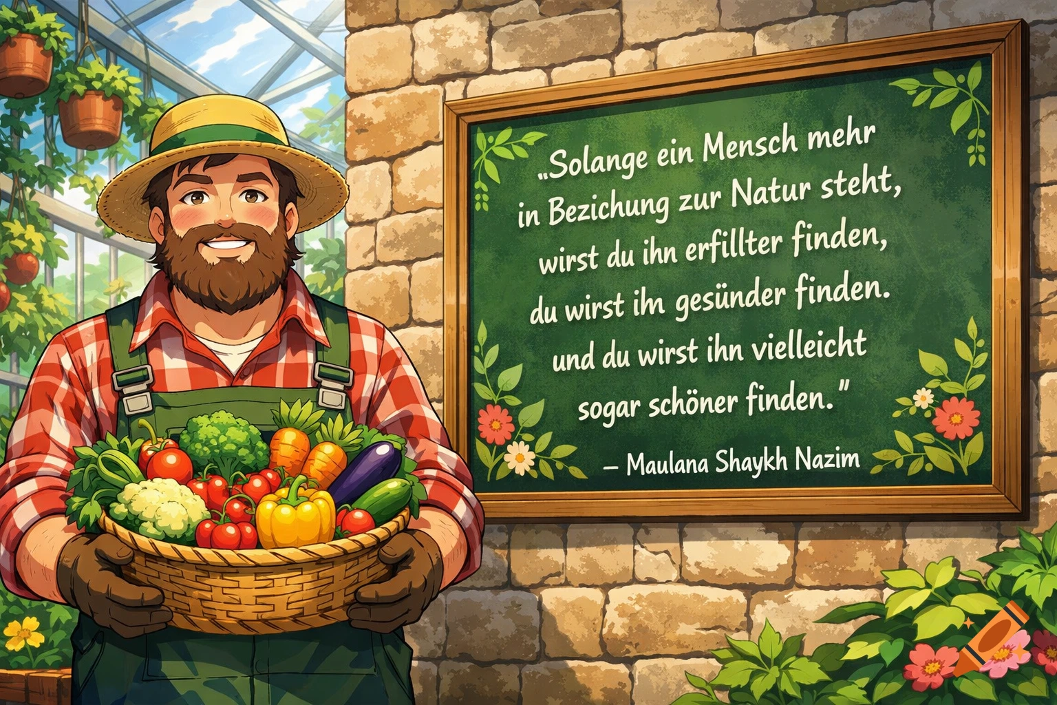 A smiling cartoon gardener with a beard and straw hat holds a basket of fresh vegetables in a greenhouse, next to a chalkboard with a German quote.
