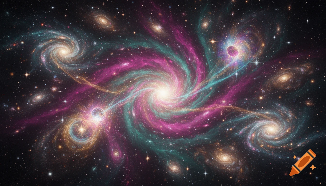 Vibrant cosmic scene with multiple swirling galaxies in pink, teal, and gold, surrounded by countless stars and nebulae.