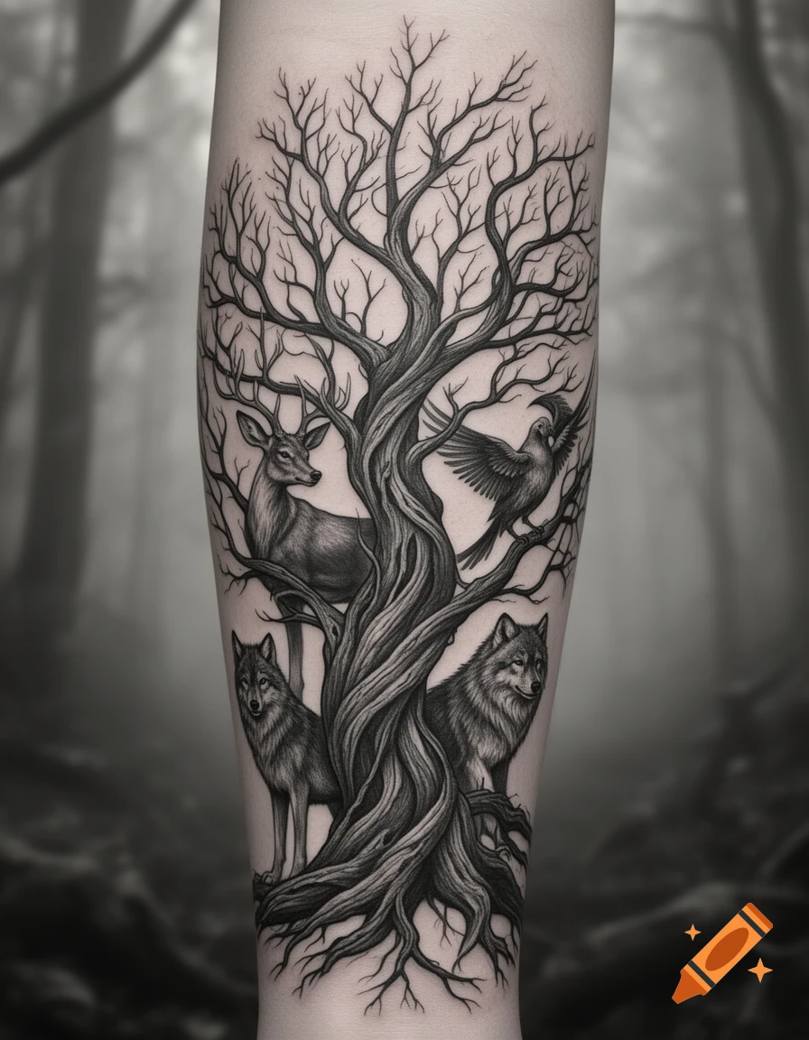 Black and white tattoo design on an arm featuring a leafless tree with branches forming a deer, two wolves, and a bird.