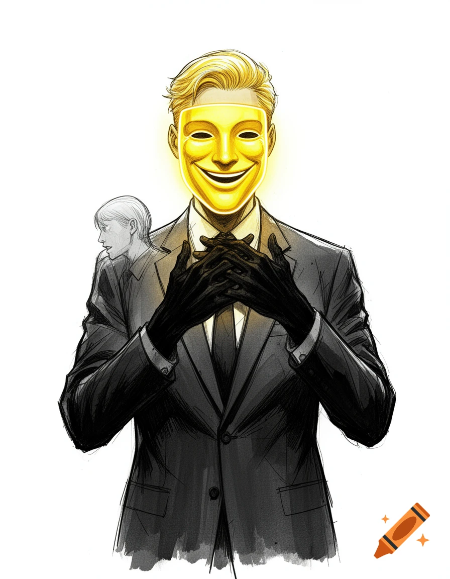 Digital illustration of a man in a suit wearing a glowing gold smiling mask, with shadowy hands appearing to choke a faint silhouette behind him.