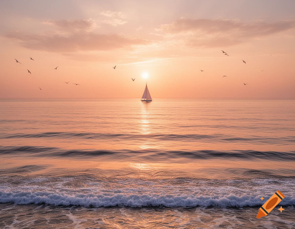 Photorealistic image of a sailboat on calm waters under a vibrant orange and pink sunset sky with birds flying.