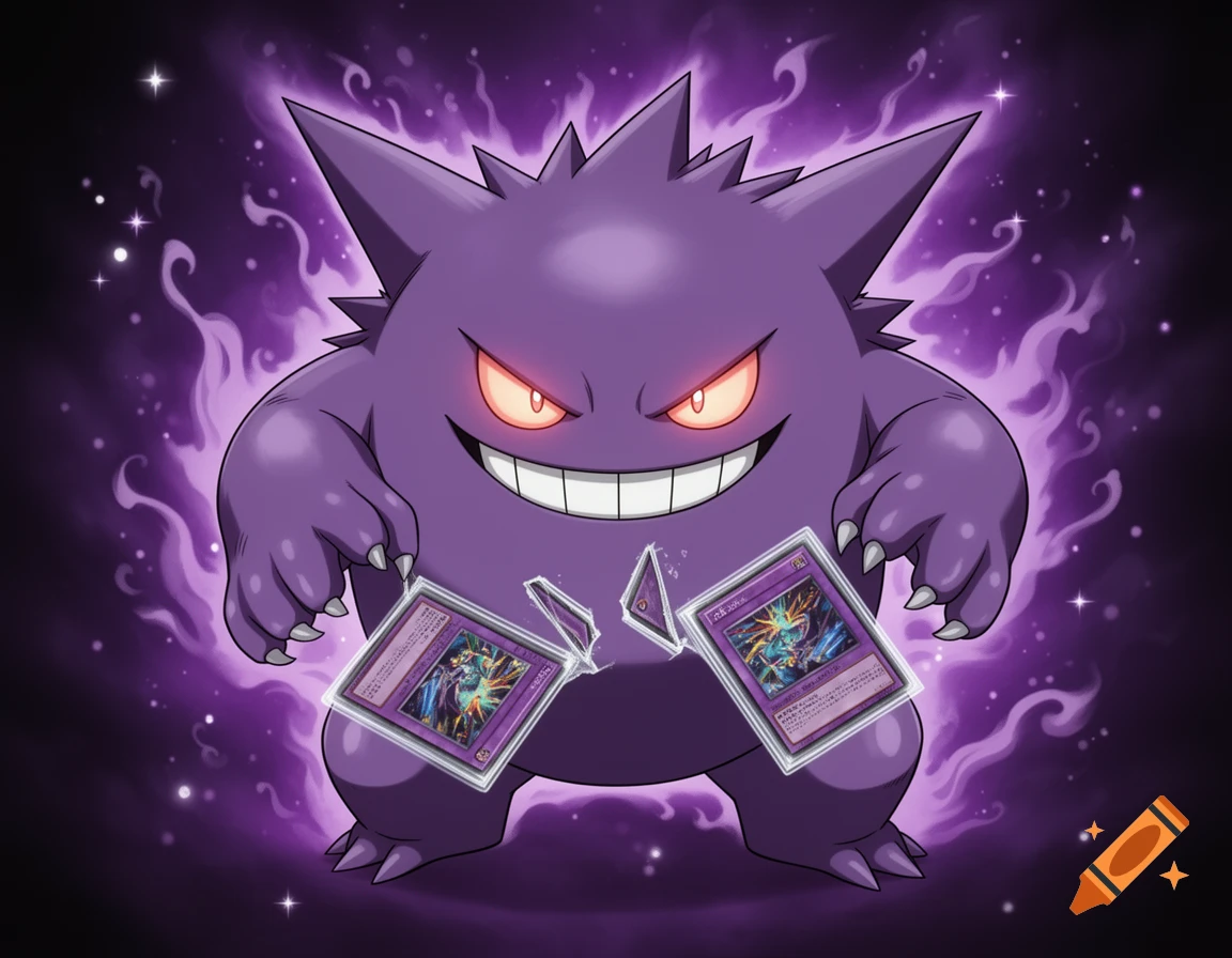 A purple Gengar with glowing red eyes and a wide grin breaks two trading cards, surrounded by a purple, starry aura.