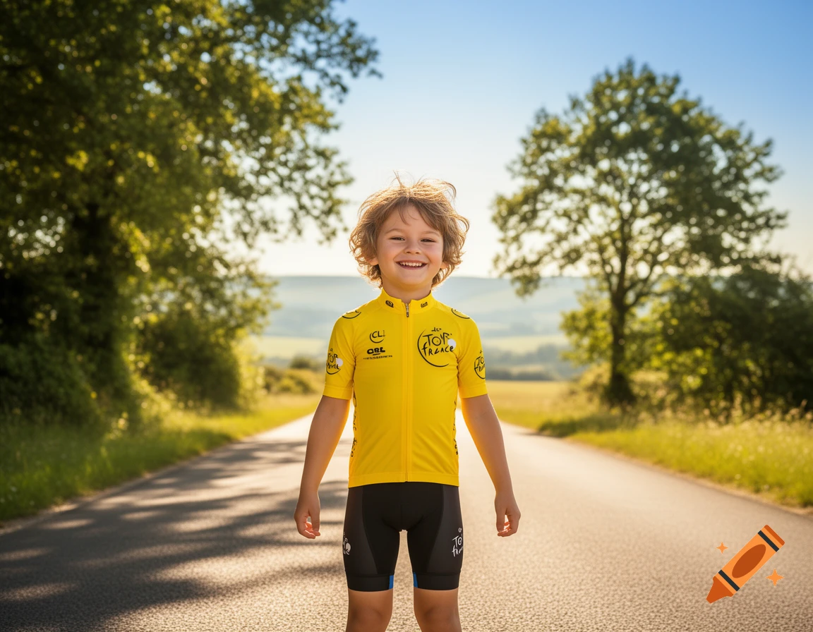 A smiling child in a yellow Tour de France cycling jersey and black shorts stands on a sunny country road.