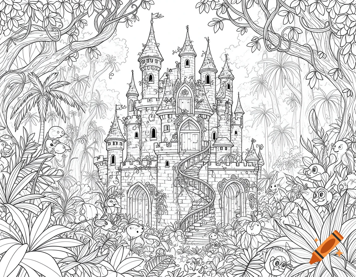 Black and white coloring page of a magical, weathered castle in a lush jungle, with cartoon creatures peeking from foliage.