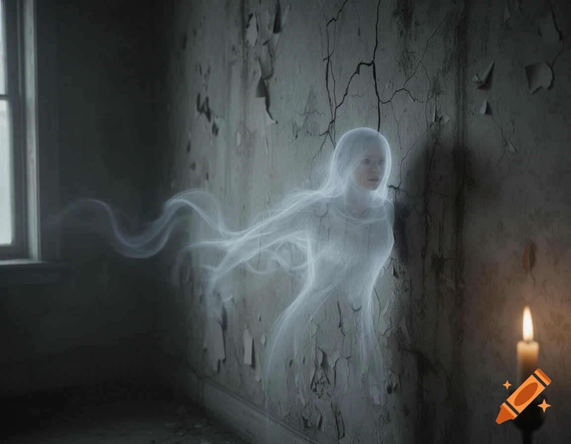 Ethereal ghost emerging from a cracked wall in a dark, decaying room, lit by a candle.