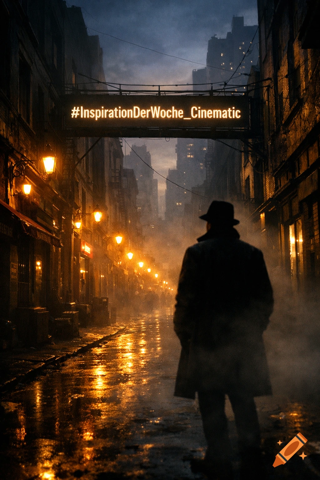 A person in a fedora walks a wet, foggy, neon-lit city street at night, with a glowing #InspirationDerWoche_Cinematic sign above.