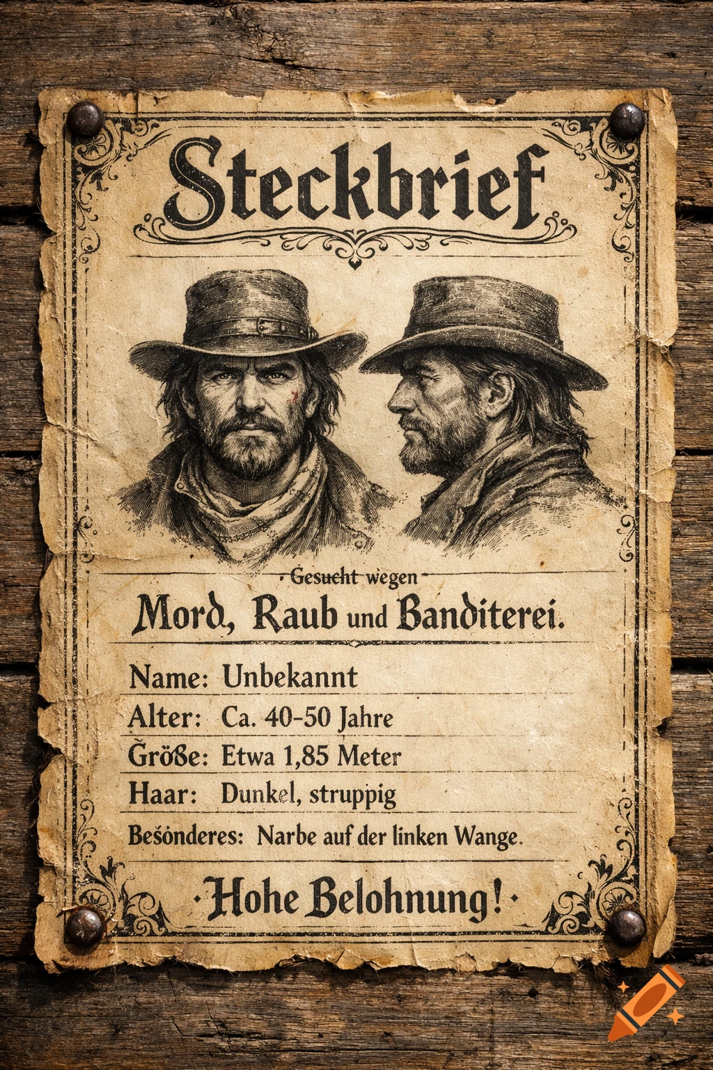 Vintage German wanted poster for two men, featuring head-and-shoulder illustrations and text, on a rustic wooden background.