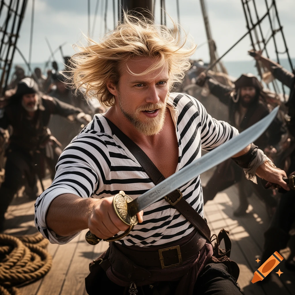 Hyperrealistic depiction of a blonde, bearded pirate in a striped shirt, swinging a cutlass on a ship deck amidst a battle.
