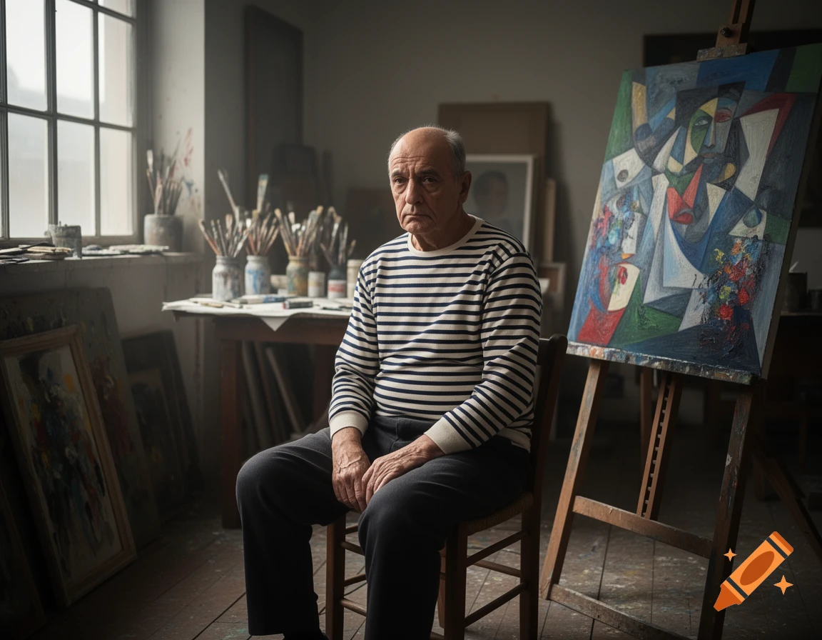 A bald old man in a striped shirt sits in an artist's studio next to a cubist painting on an easel.