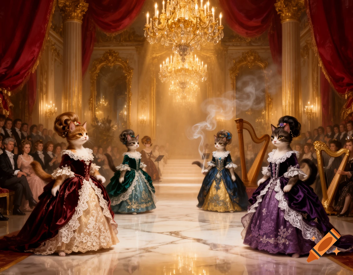Four anthropomorphic cats in elaborate Baroque gowns pose in a grand, opulent ballroom with chandeliers and an audience. Two cats stand with harps.