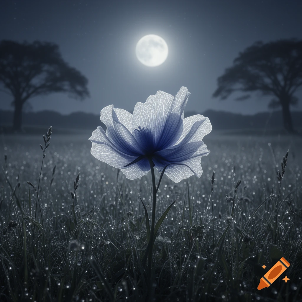 A translucent, glowing blue-white flower stands in a dewy field at night, bathed in the light of a full moon. Silhouetted trees frame the background.