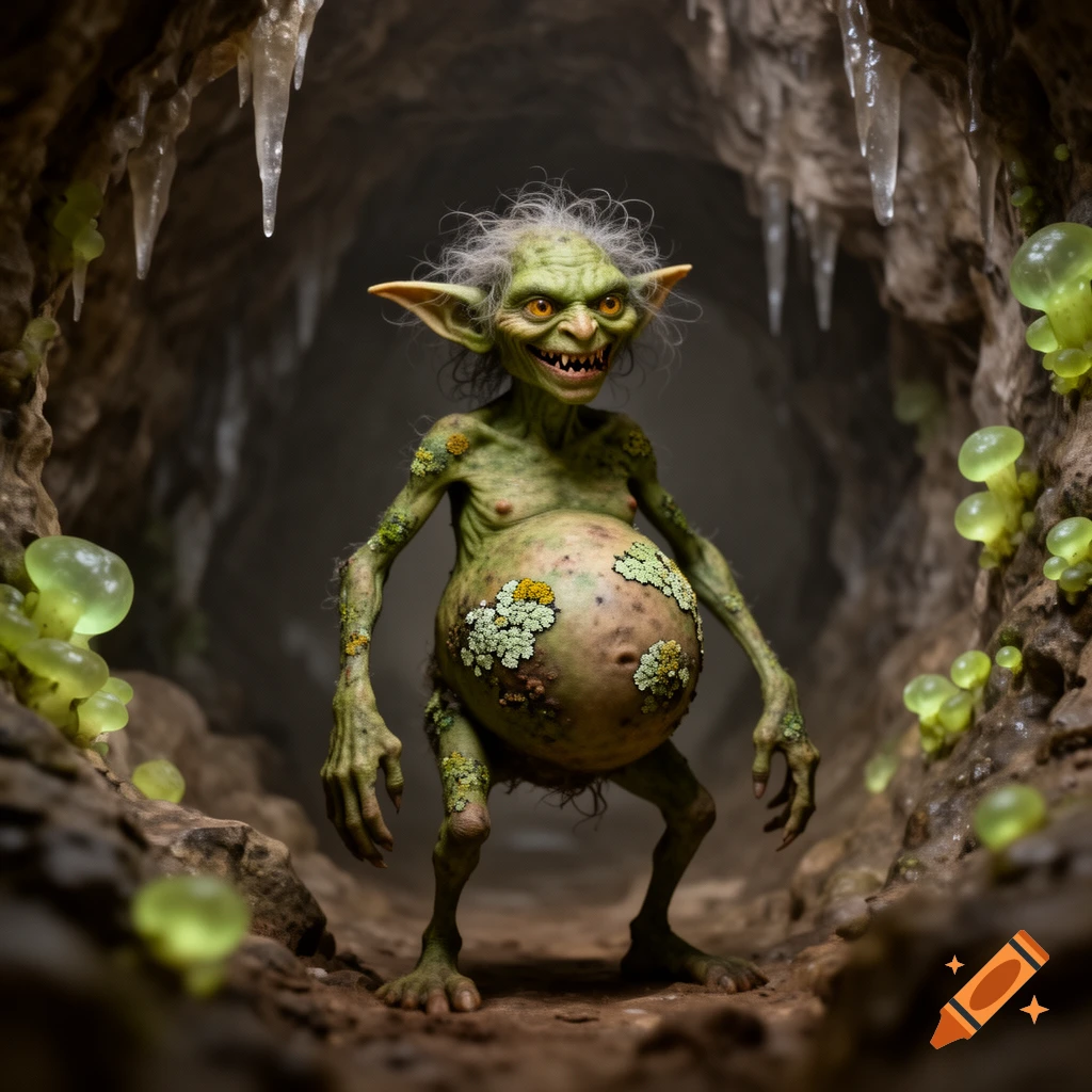 A grotesque, skinny green goblin with a large, fat belly covered in moss stands in a dark cave with glowing mushrooms and stalactites.