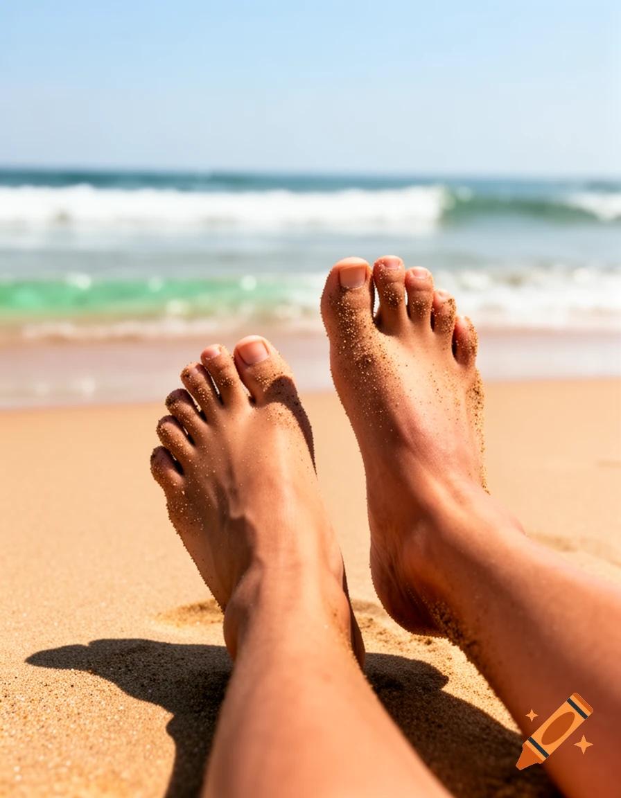 Sandy feet relax on a sunny beach with the ocean and waves in the background.