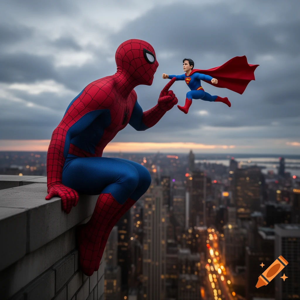 A photorealistic image of Spiderman perched on a skyscraper, looking at a tiny flying Superman above a city at dusk.