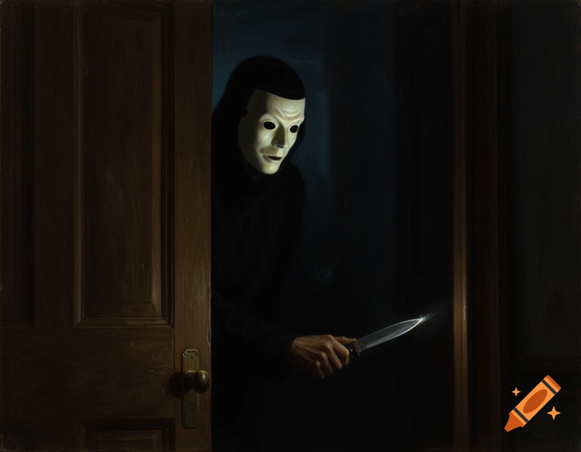 A masked figure in dark clothing peeks from a slightly open wooden door, holding a knife, in a dark, atmospheric oil painting.