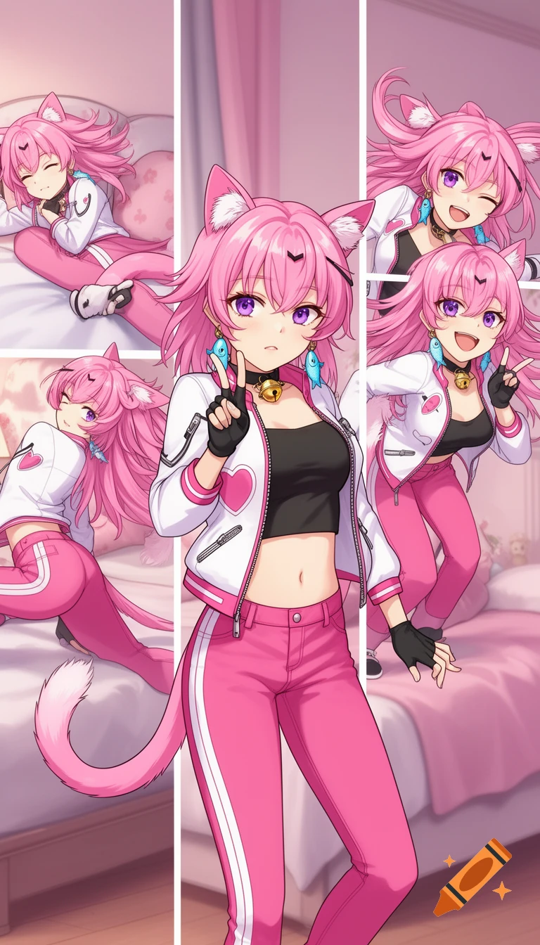 An anime pink cat girl in a white jacket, black top, and pink jeans, poses in a collage of four panels showing different stances in a bedroom.