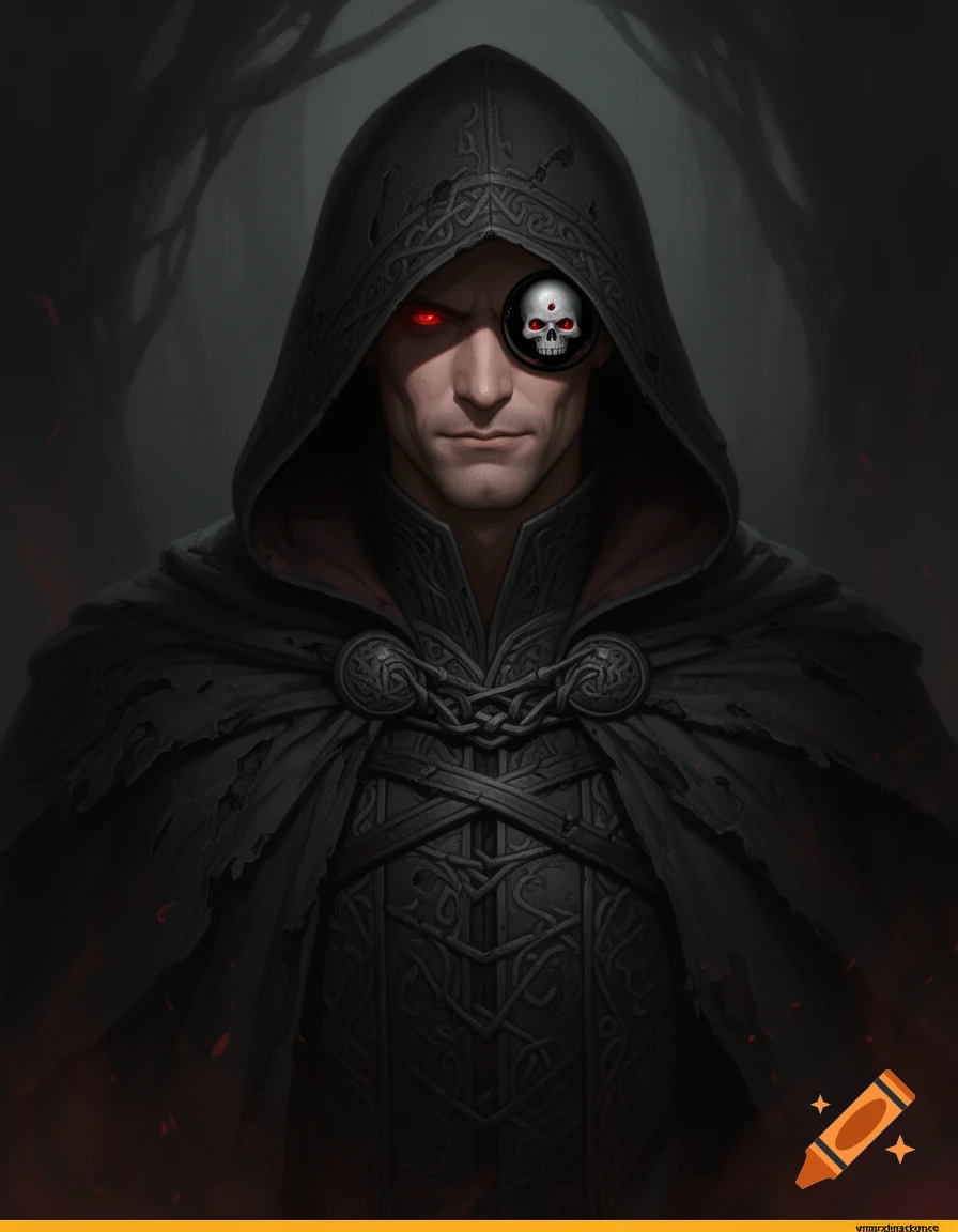A dark fantasy portrait of a hooded man with glowing red eyes and a ...