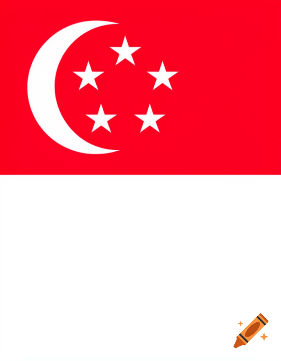 The flag of Singapore, featuring a red top half with a white crescent moon and five stars, and a white bottom half.