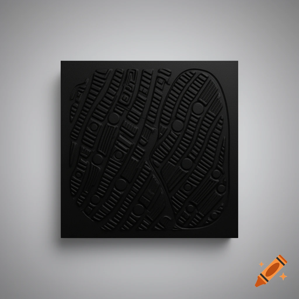 A black square with embossed patterns resembling a shoe's outer sole, casting a shadow on a gray background.