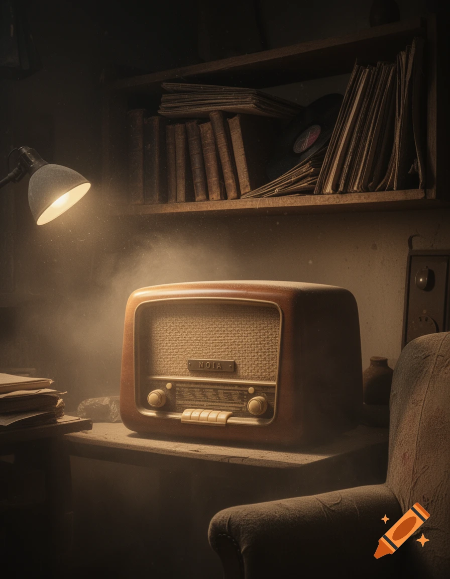 A vintage wooden radio covered in dust, illuminated by a desk lamp in a dimly lit, cluttered room with shelves of old books.