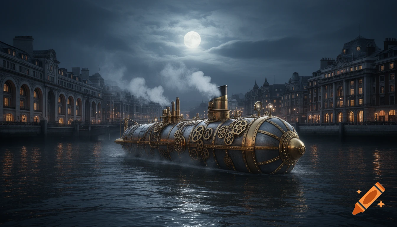 A detailed steampunk submarine with gears and brass surfacing in a gloomy city canal under a bright full moon at night.