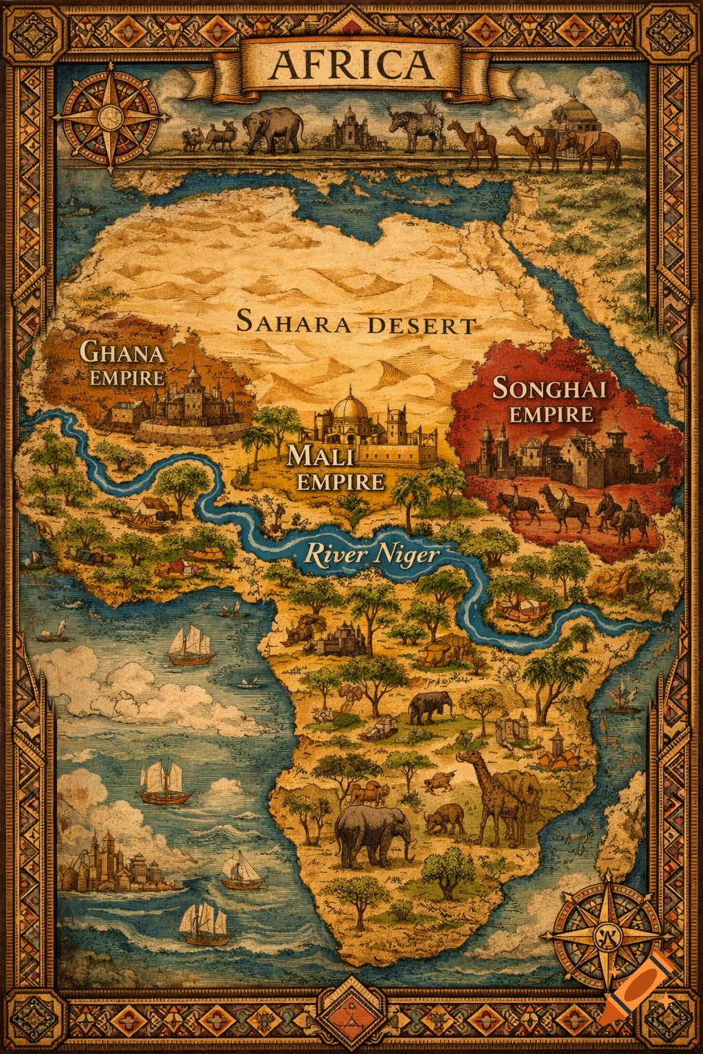 Antique-style map of Africa, showing the Sahara Desert, River Niger, Ghana, Mali, and Songhai Empires with cities, animals, and ships.