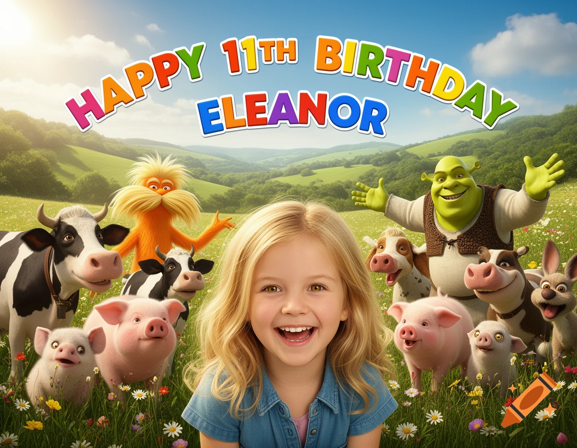 A blonde girl smiles among Shrek, the Lorax, and farm animals in a grassy field with "Happy 11th Birthday Eleanor" text.