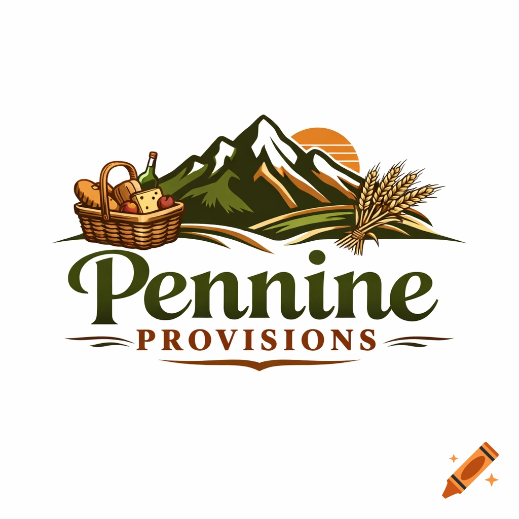 A logo with green mountains, an orange sun, a picnic basket of food, wheat, and the text "Pennine Provisions".