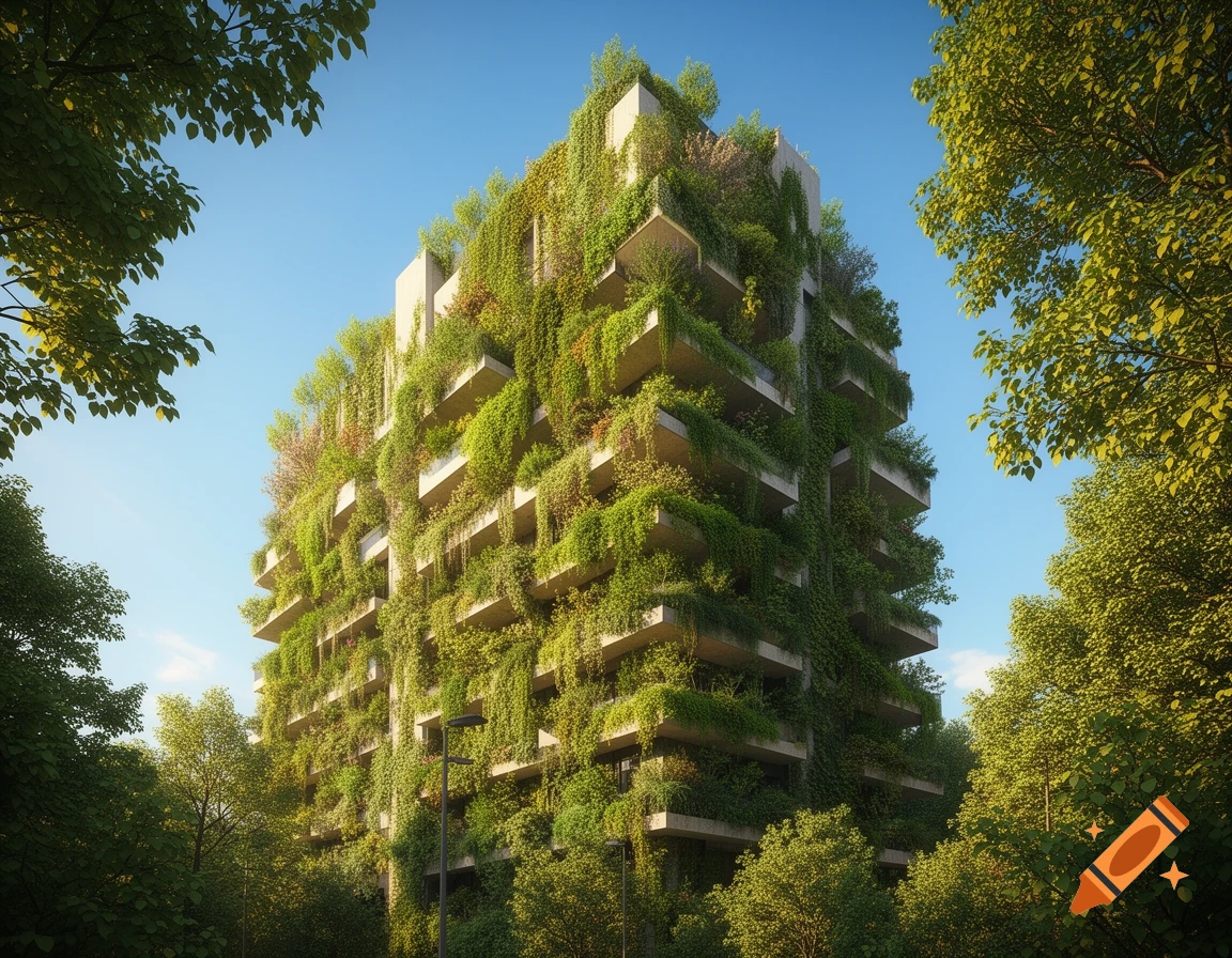 A modern building heavily covered in lush green plants and vines, surrounded by trees under a clear blue sky, viewed from a low angle.