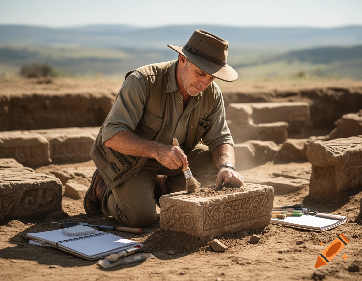 A photorealistic image of an archaeologist kneeling in an outdoor excavation site, carefully brushing dirt off an ancient carved stone block.