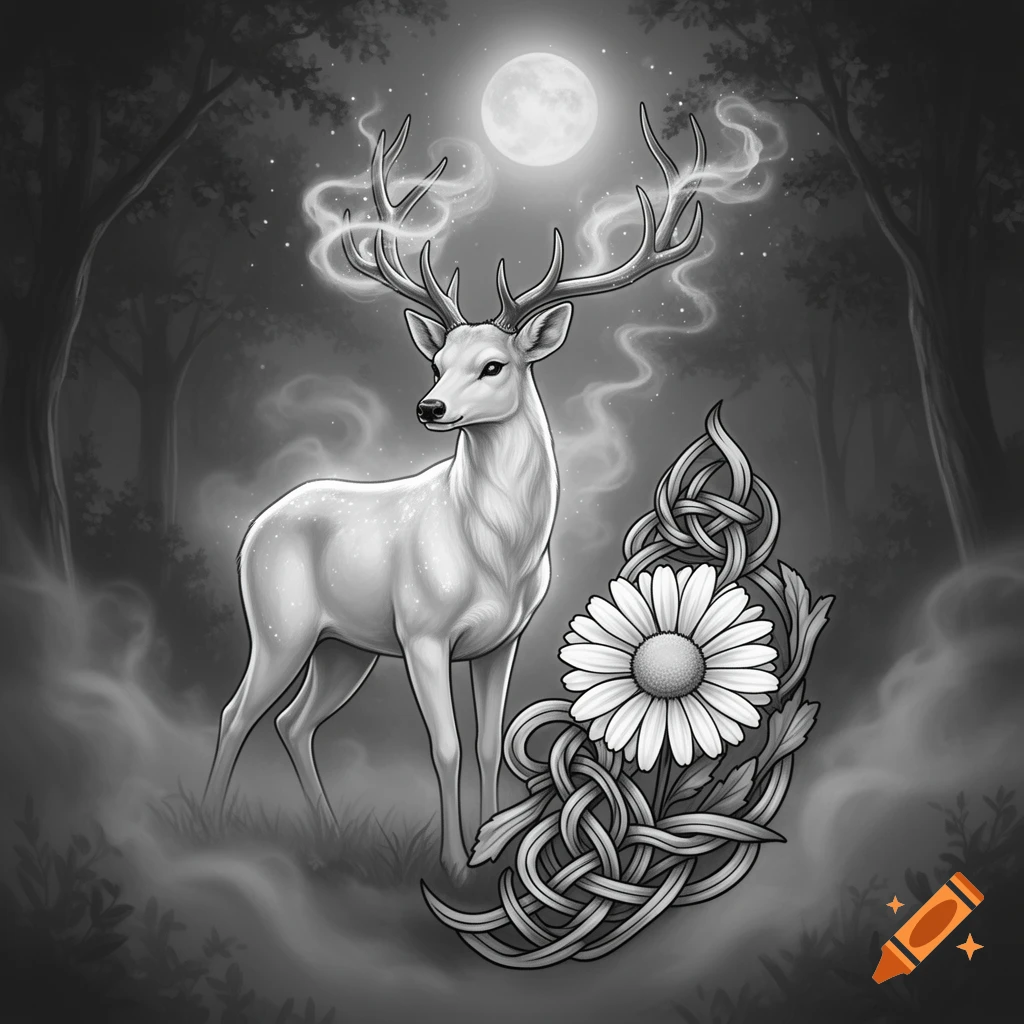 Black and white illustration of a glowing white deer and a daisy with Celtic knotwork in a misty forest under a full moon.
