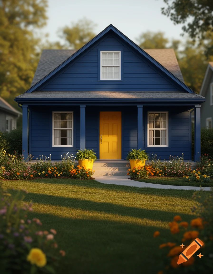 A vibrant blue house with a bright yellow door, flanked by yellow planters, sits in a sunny garden with a green lawn.