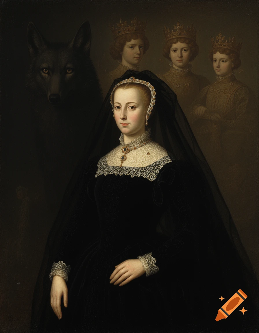 Renaissance oil painting of a woman in a black mourning dress and veil, with a dark wolf and three ghostly crowned kings in the background.