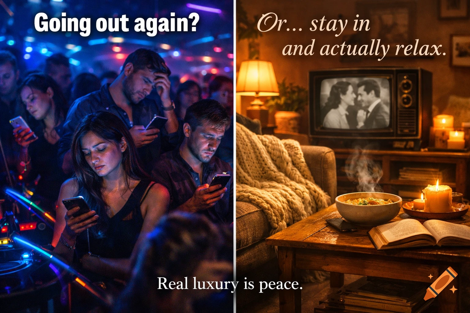 Split image contrasting a crowded, dark party with people on phones, with a cozy room showing soup, a book, and a TV.