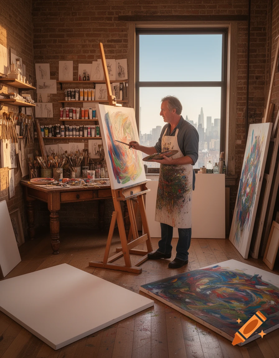 An older male artist in a paint-splattered apron paints an abstract canvas on an easel in a sunlit studio, with a cityscape visible through a large window.