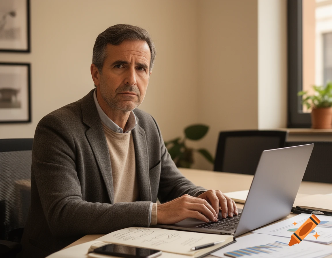 A middle-aged man with a serious expression sits at an office desk, typing on a laptop. He wears a grey blazer and a beige sweater in a photorealistic style.