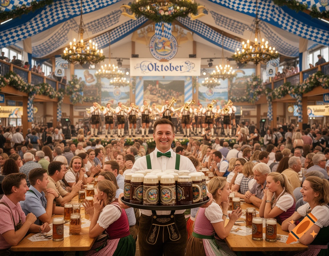 Smiling waiter in traditional attire carries a tray of beer mugs through a bustling Oktoberfest tent with a band on stage and festive decorations.