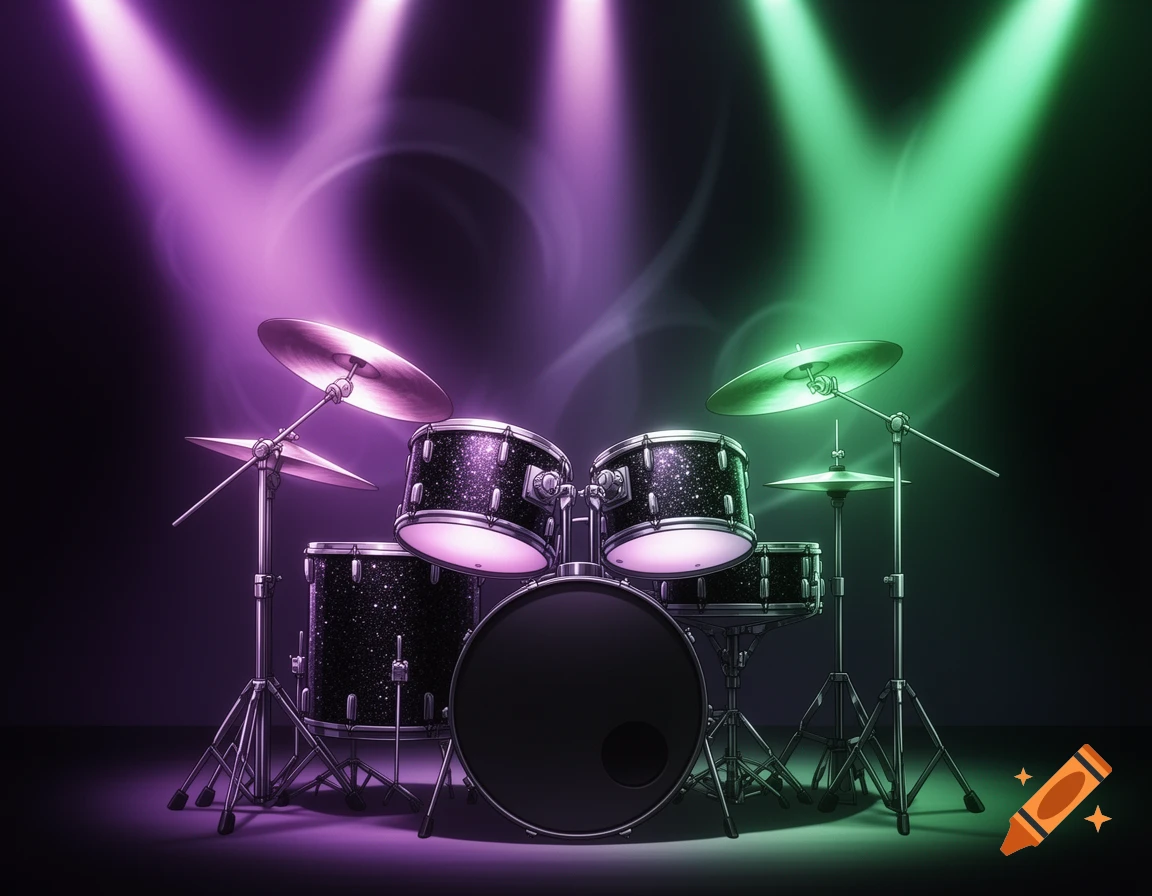A black glitter drum set illuminated by vibrant purple and green spotlights on a dark stage in an anime style.