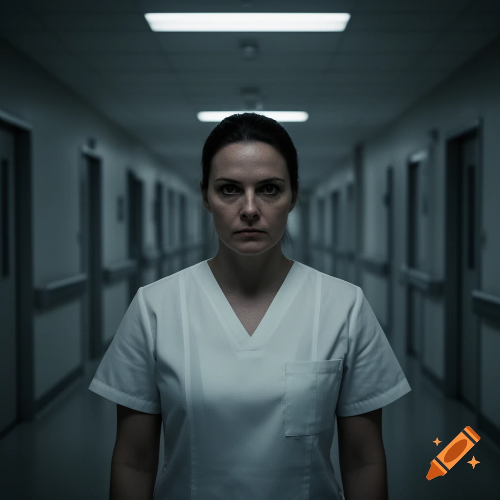 A stern woman in a white nurse's uniform stands in a dimly lit, long hospital corridor, staring intensely forward.