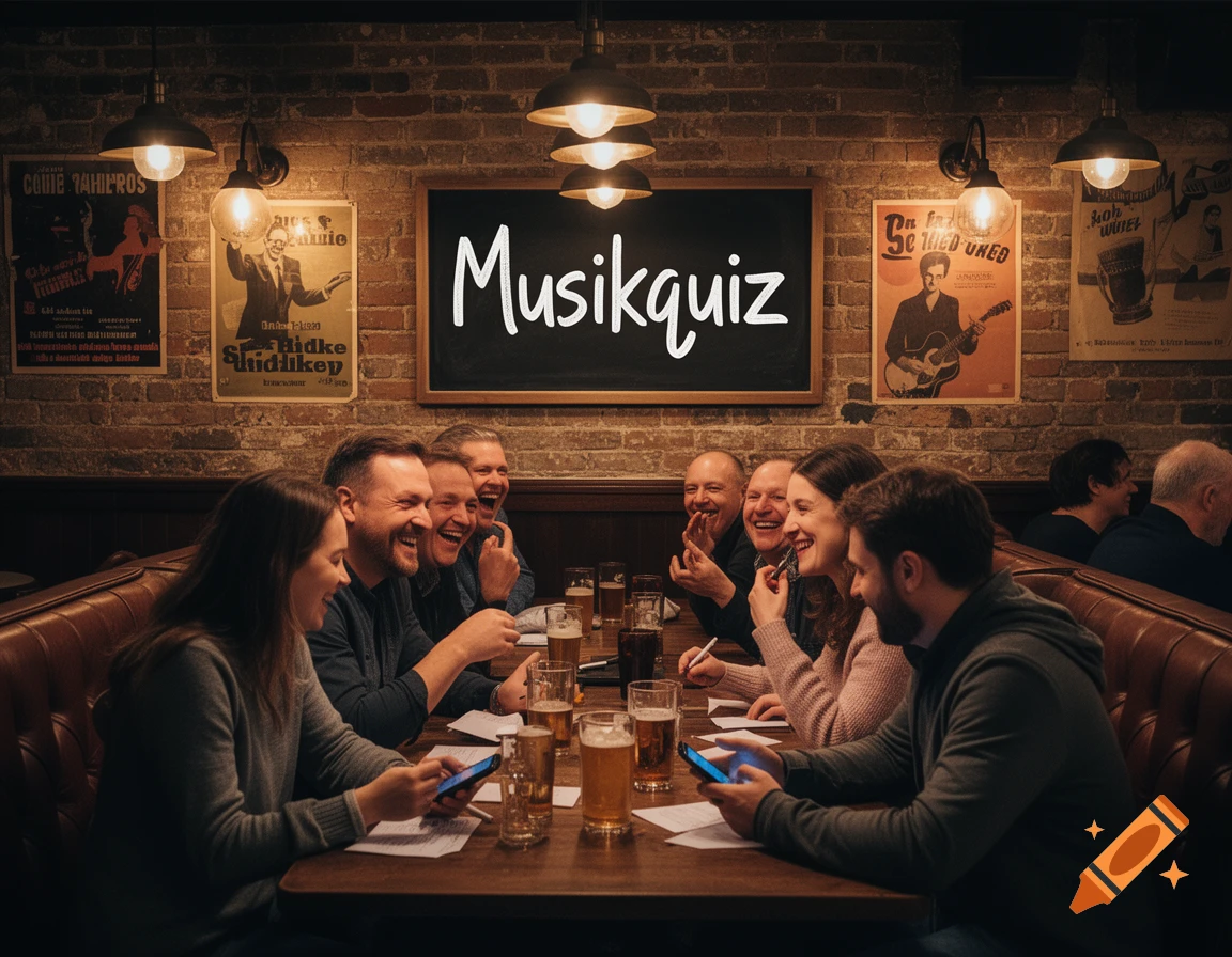 A group of friends laughing and looking at phones at a dimly lit pub table with beers, a blackboard reads 'Musikquiz'.