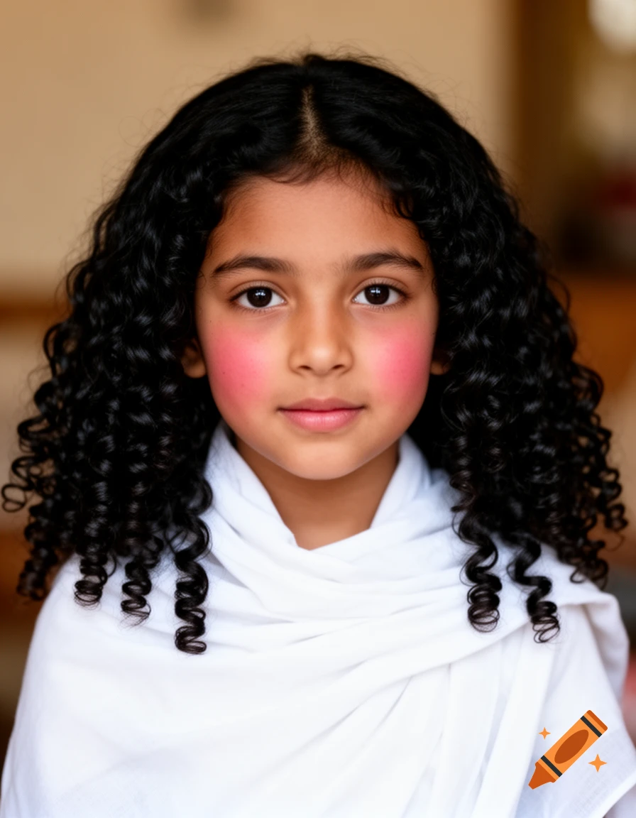 Close-up portrait of a young girl with dark curly hair and rosy cheeks, draped in white fabric, looking directly at the viewer.